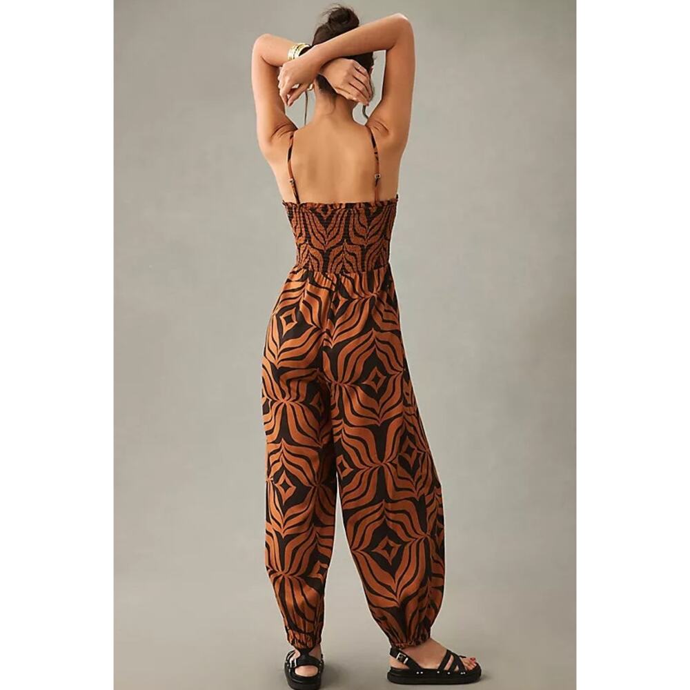 Anthropologie Printed Balloon Leg Jumpsuit Rust Black Smocked Boho Chic Resort - Picture 2 of 9